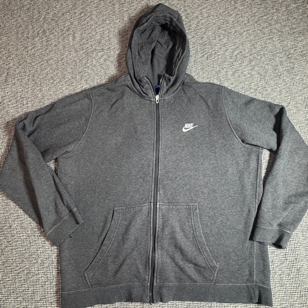 Nike Mens Full Zip Hoodie Charcoal Gray Fleece Sweatshirt XL Embroidered Logo